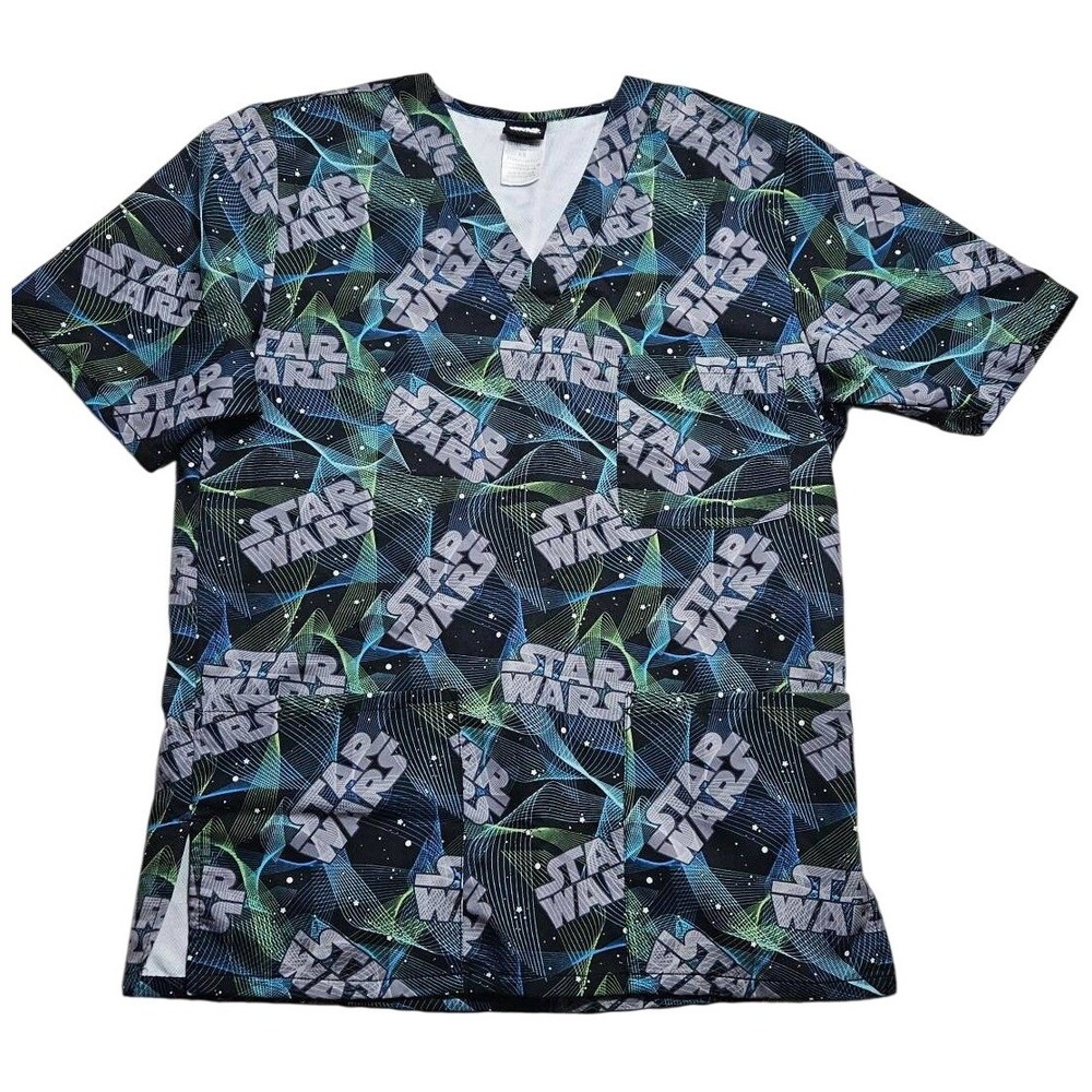 Star Wars Scrub Top XS V-Neck Medical Uniform Black Neon Logo Print TF701 Mens